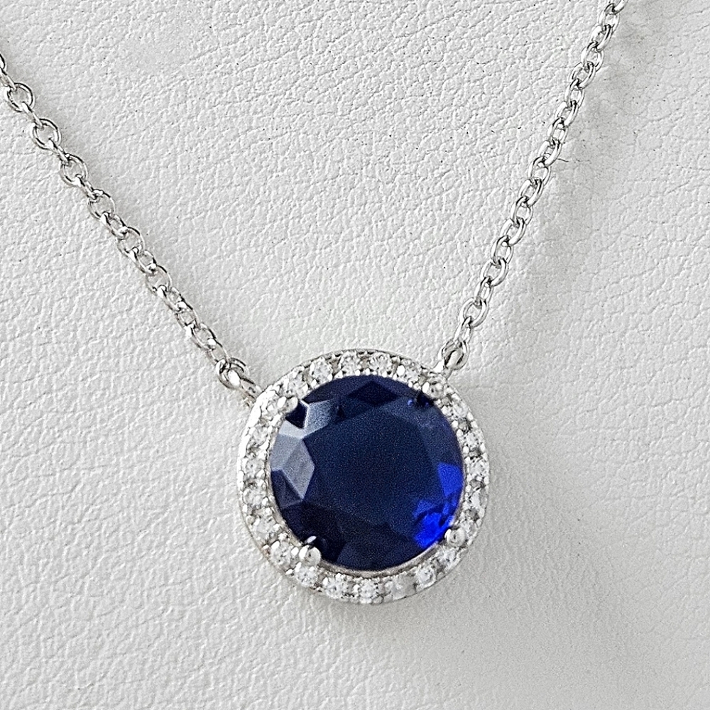 Sapphire Blue Round Halo Gemstone Necklace, 925 Sterling Silver